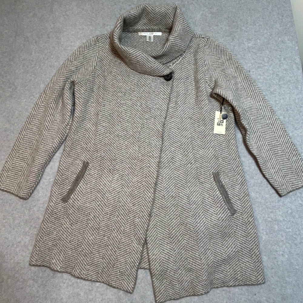 Max Studio Woman Herringbone Knit Drape Collar Asymmetrical Poncho Coatigan 1X